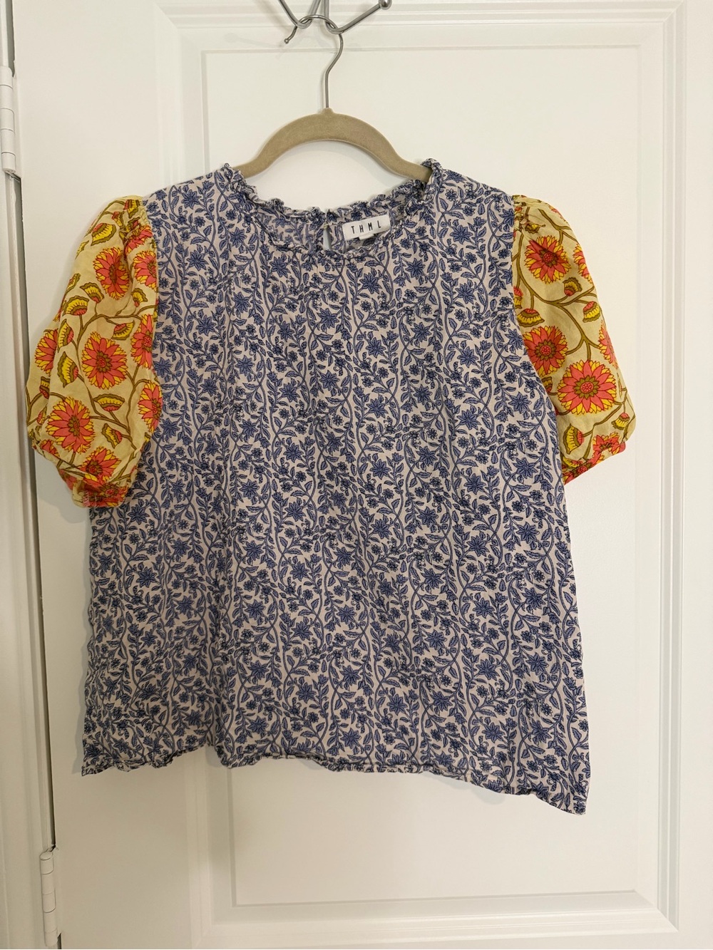 THML Blue Floral Body Top with Yellow Puff Floral Sleeves